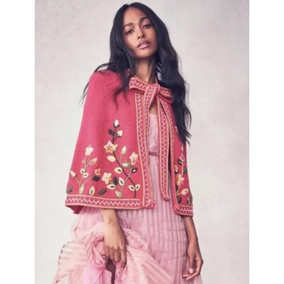 LoveShackFancy Sweaters - LOVESHACKFANCY Brighton Wool Blend Floral Knit Pink Cloak Cottagecore Coquette
